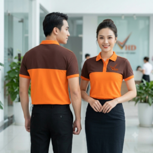 Áo thun đồng phục - Màu Cam phối Nâu Cafe
