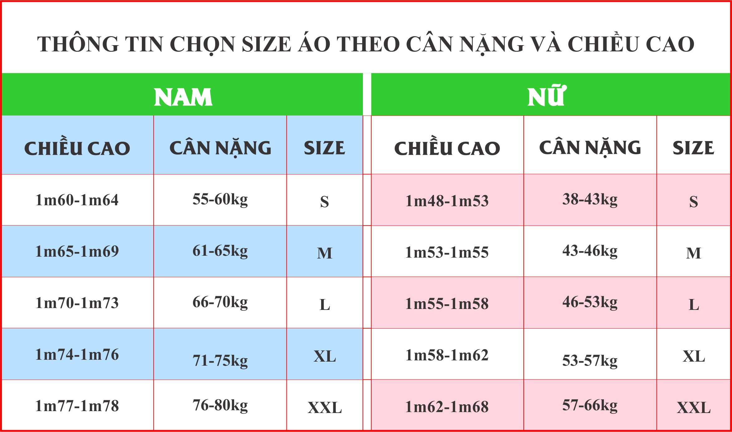 Bảng size áo sơ mi nam-nữ