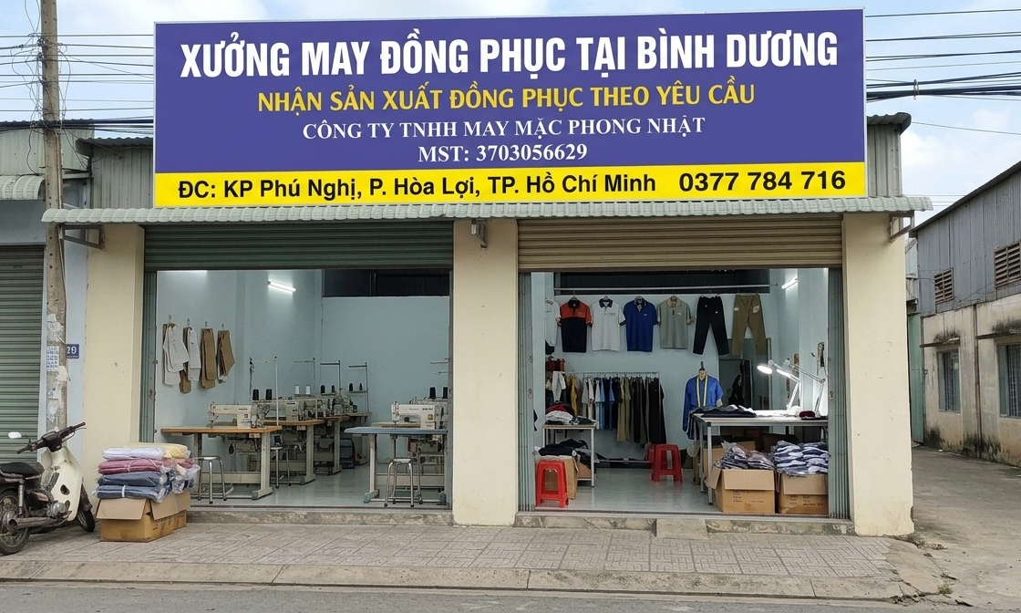 Xưởng may áo thun đồng phục hòa lợi xưởng may in đồng phục tại bình dương